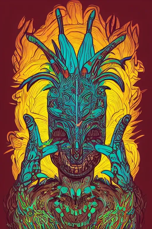 Image similar to animal mask totem roots flower tribal feather gemstone plant wood rock shaman vodoo video game vector cutout illustration vivid multicolor borderlands comics by josan gonzales and dan mumford radiating a glowing aura