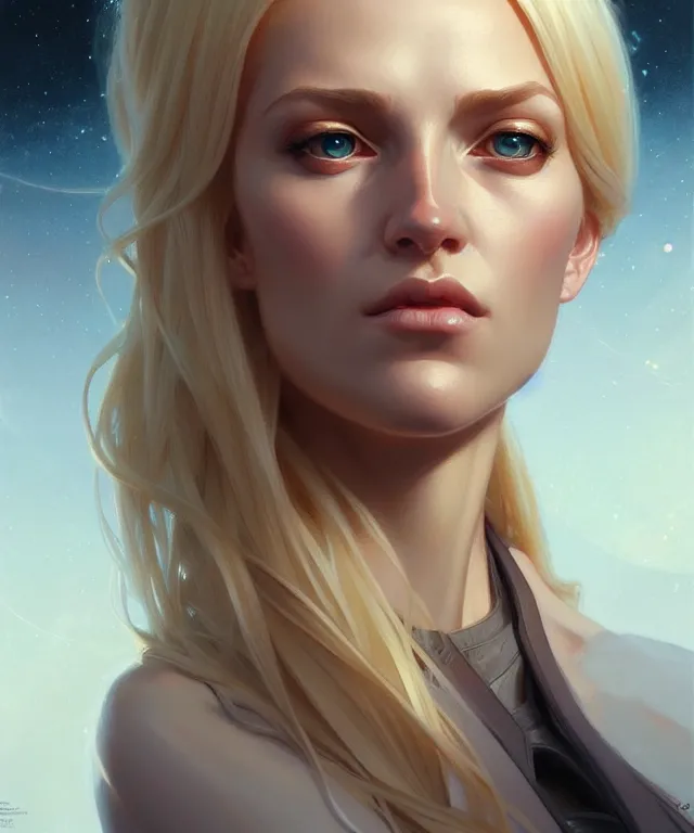 Image similar to blonde girl portrait, sci-fi face, elegant, highly detailed, digital painting, artstation, concept art, smooth, sharp focus, illustration, art by artgerm and greg rutkowski and alphonse mucha