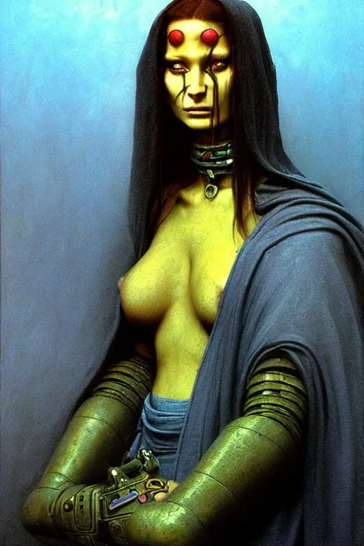 Image similar to character portrait cyberpunk starcraft terran warhammer 4 0 k space marine tech priest warrior princess ( ( ( ( ( ( ( ( totally definitely not negative no not mona lisa inspired ) ) ) ) ) ) ), beksinski character design, painting by gaston bussiere, katsuya terada, frank frazetta, tom of finland, trending on artstation