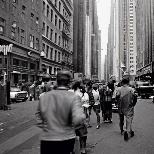 Prompt: analog medium format street photography of busy new york street, 1 9 6 0 s, wide - angle, photographed on colour expired film, detailed photograph