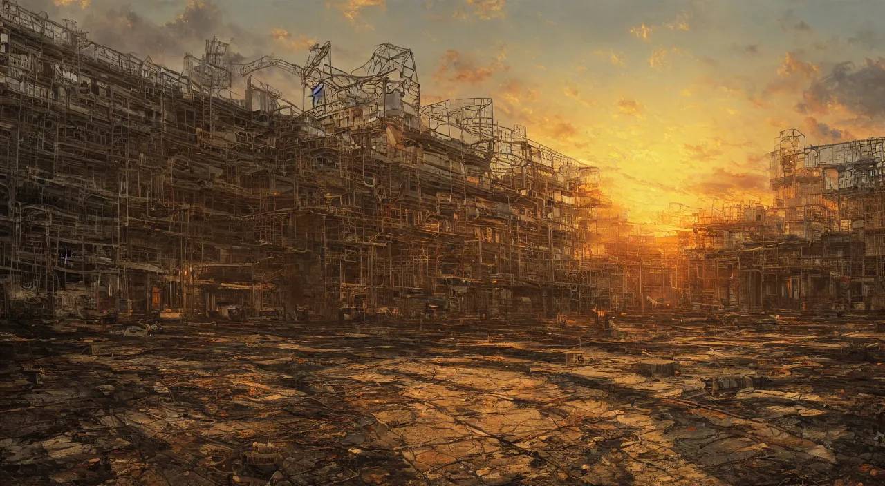 Image similar to a Stunning oil painting of Pripyat by gerg rutkowski,sunset,hyper detailed,Super realistic,Masterpieces,8K Resolution