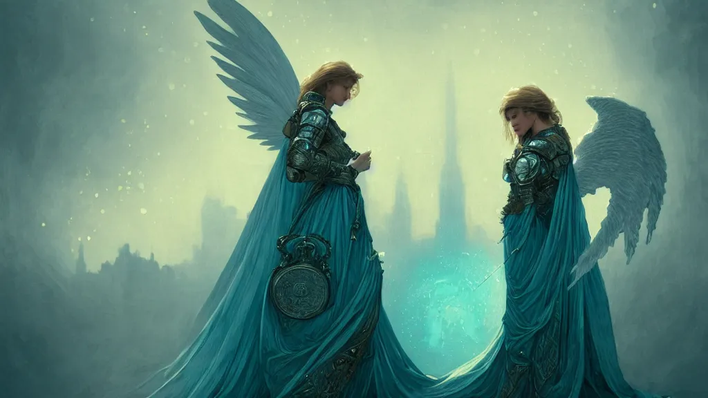 Image similar to angel, big wings, low key light, full plate armor with cloth, f 1 6, bokeh, close up portrait, gentle, female, ornate city ruins, landscape, d & d, fantasy, intricate, elegant, highly detailed, teal white gold color palette, roger deakins, sharp focus, concept art, greg rutkowski and alphonse mucha