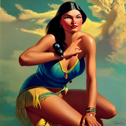 Prompt: portrait of a beautiful pocahontas, expressive pose, symmetrical face, shiny lips, highly detailed, digital painting, smooth, sharp focus, by gil elvgren