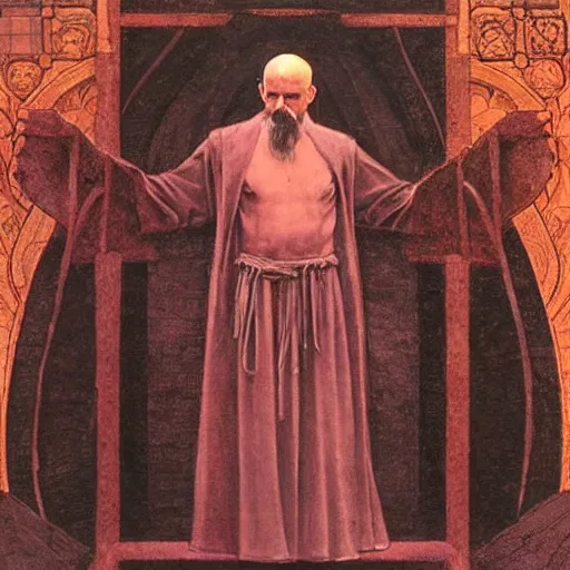 Image similar to a religious man with holes in his robes, old broken clothes, holes in a robe, holes in a religious man, annie swynnerton and nicholas roerich and jean delville, strong dramatic cinematic lighting, ornate tiled architecture, lost civilizations, smooth, sharp focus, extremely detailed