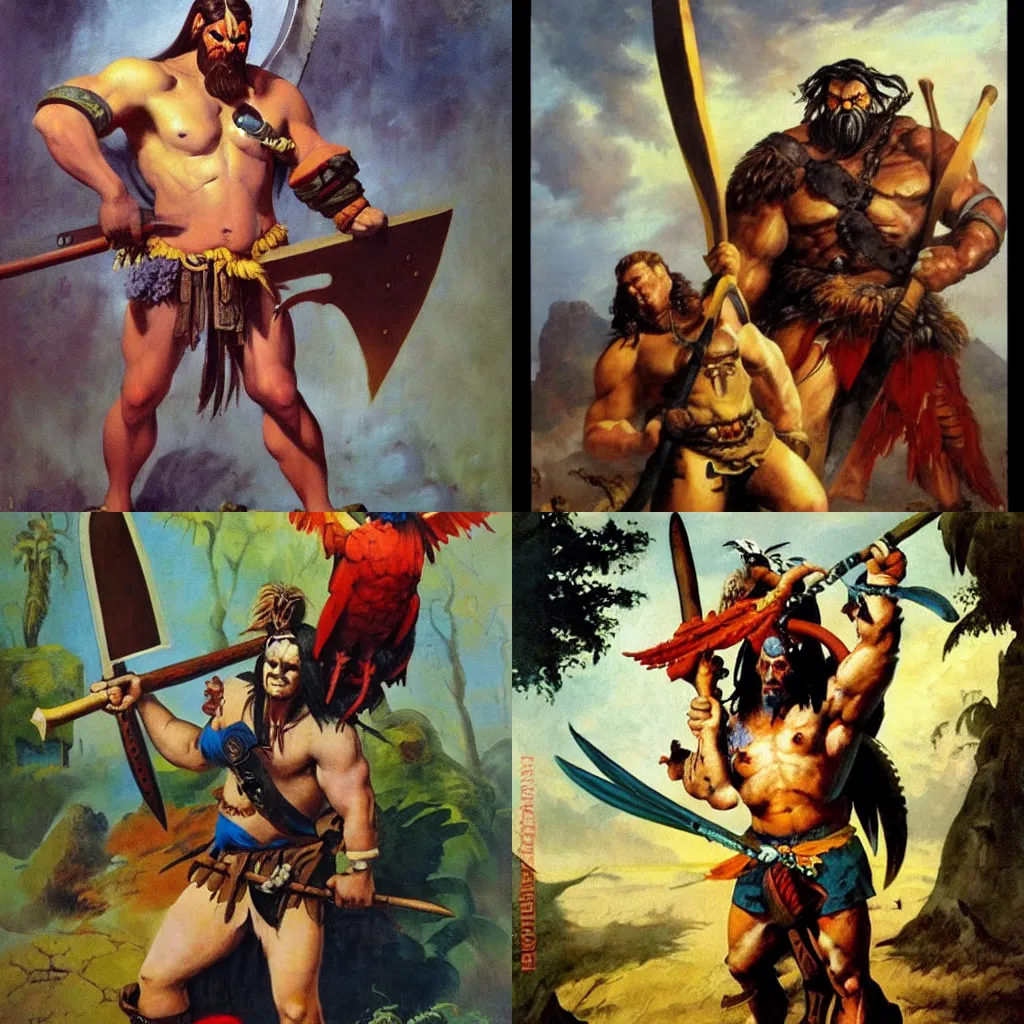 Prompt: Barbarian with a macaw's head, holding a giant fantasy axe, frank frazetta painting, 8k