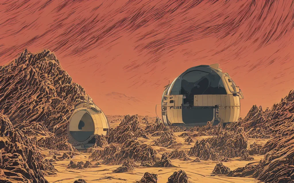 Prompt: very detailed, ilya kuvshinov, mcbess, rutkowski, illustration of a 2 5 tonne nuclear blast door on a desert planet, wide shot, colorful, deep shadows, astrophotography