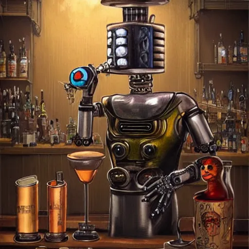 Image similar to a steampunk cyberpunk robot is at the bar and orders a drink from a bartender TY beanie baby puppy (fluffy), cgsociety, old master.