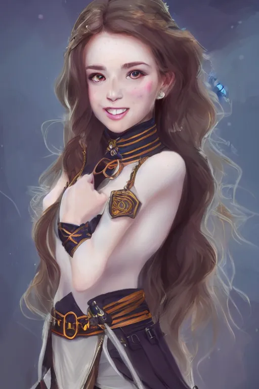 Prompt: a full body portrait of a gorgeous female ranger, very light freckles, looking at camera, D&D, choker on neck, stylish dress, very long flowing hair, intricate, elegant, stylish, cute slightly nerdy smile, mouth slightly open, fantasy, extremely detailed, digital painting, artstation, concept art, smooth, sharp focus, illustration, stunning lighting, art by artgerm and greg rutkowski and alphonse mucha and simon stalenhag