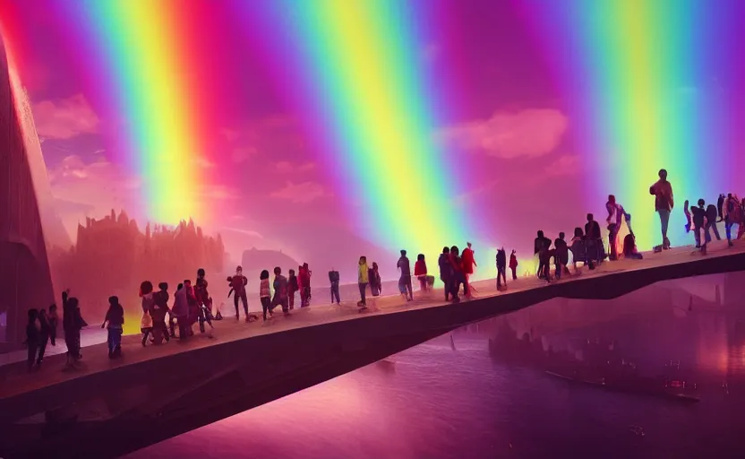 Image similar to incredible, mindblowing, refugees crossing a beautiful bridge made of rainbow hardlight, floating city in the sky, matte painting, artstation, cgsociety, dramatic lighting, concept art, octane render, arnold 3 d render