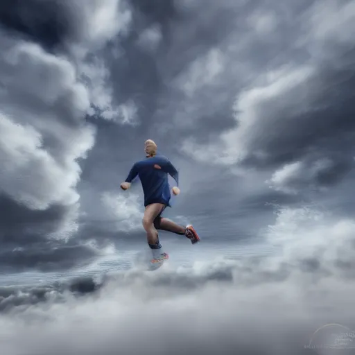 Image similar to running on clouds, 4k, post-processing, intricate, detailed, photorealistic imagery