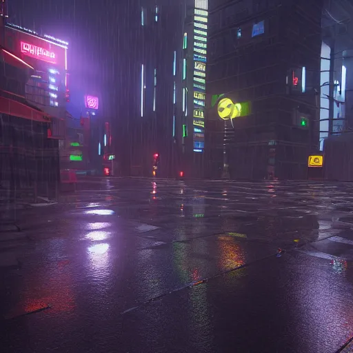 Image similar to A street level view of a raining cyberpunk city, unreal engine, volumetric lighting, 4k