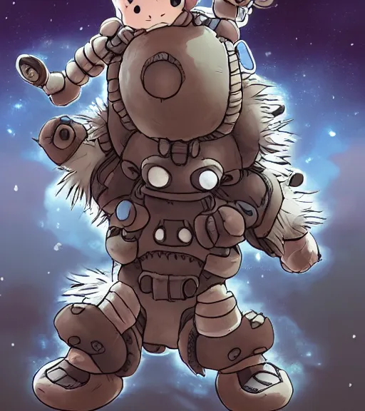 Image similar to attractive little boy wearing an cyborg bear suit, artwork in kentaro miura and made in abyss and sakimichan, inspired in super bomberman, smooth, beautiful lightness, anatomically correct, trending on pixiv, moon