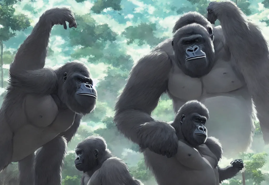 Image similar to a gigantic silverback gorilla beating its chest, by Makoto Shinkai, beautiful