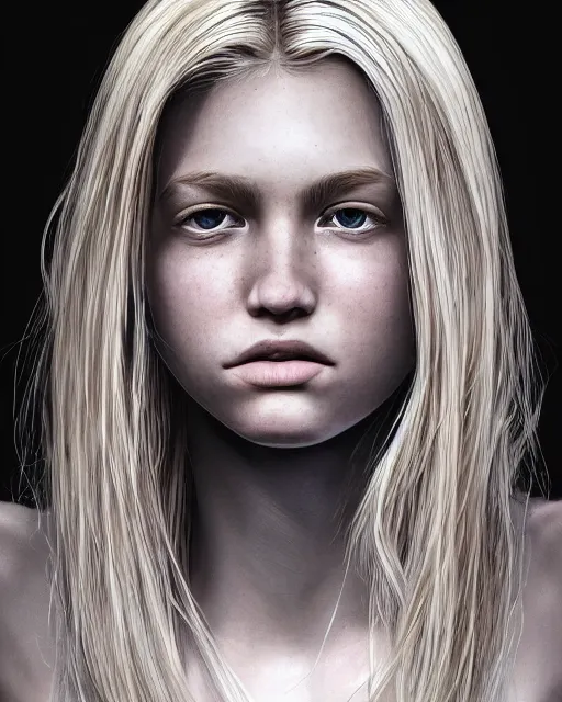 Prompt: portrait of 1 6 - year - old woman with dirty blonde hair down to her waist, pale eyebrows and protuberant silver eyes, wearing white shirt, hyper realistic face, beautiful eyes, character art, art by mark brooks, hyperdetailed, cryengine, trending on artstation, digital art