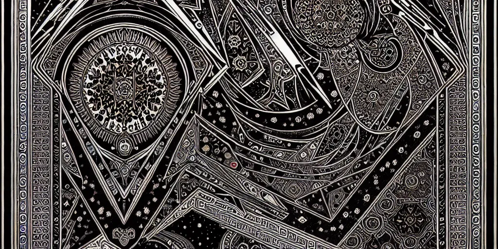 Image similar to ancient ornate carpet, high details, bold line art, by vincent di fate and joe fenton, inking, etching, screen print, masterpiece, trending on artstation, sharp, high contrast, hyper - detailed,, hd, 4 k, 8 k