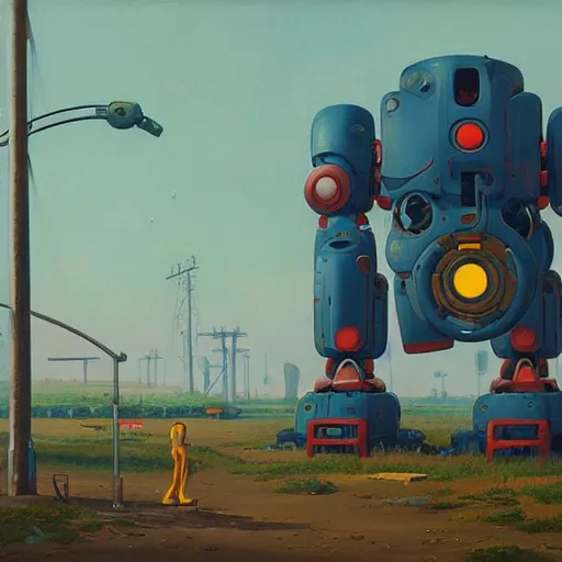 Prompt: an intricate oil painting of a giant anime robot with rounded and circular parts by simon stalenhag