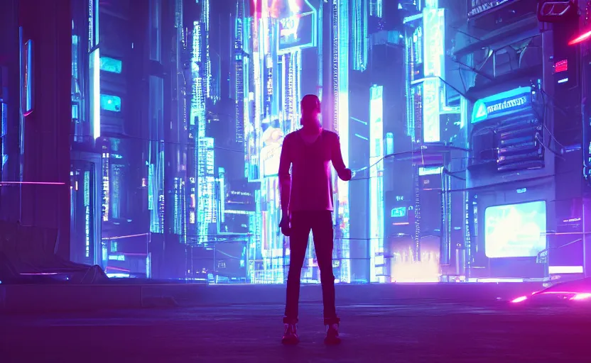 Prompt: a 3 d render of a person standing in the metaverse, cyberpunk with lights and electricity and neon, bokeh, canon 5 0 mm, cinematic lighting, volumetric light, octane, octane render, redshift render