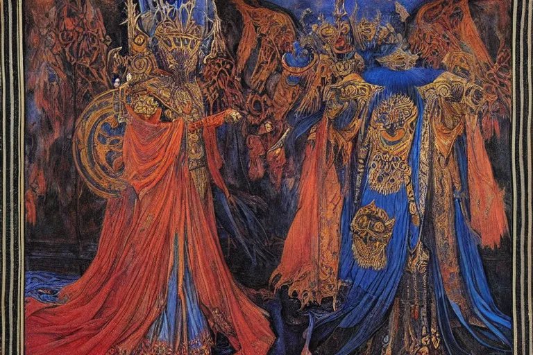 Image similar to coronation of the raven king, by Annie Swynnerton and jean delville and Nicholas Roerich, embroidered brocade, tattoos, elaborate costume, geometric ornament, symbolist, rich colors, dramatic lighting, smooth, sharp focus, extremely detailed