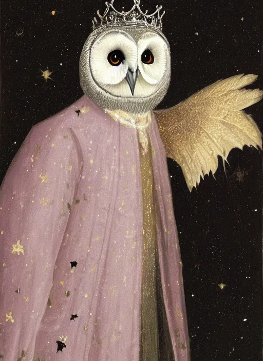 Image similar to close-up portrait of anthropomorphic owl Prince, man with a head of barn owl, glowing eyes, in a crown, soft glowing, wearing long royal robe, lilac, silver, black, bokeh, blurred space, stars, dreamy, romantic, painting in the museum, highly detailed, sharp focus, digital painting, artwork, by John James Audubon by Victor Adame Minguez by Yuumei by Tom Lovell by Sandro Botticelli