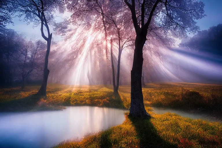 Image similar to landscape photography of bucharest by marc adamus, morning, mist, rays of light, beautiful