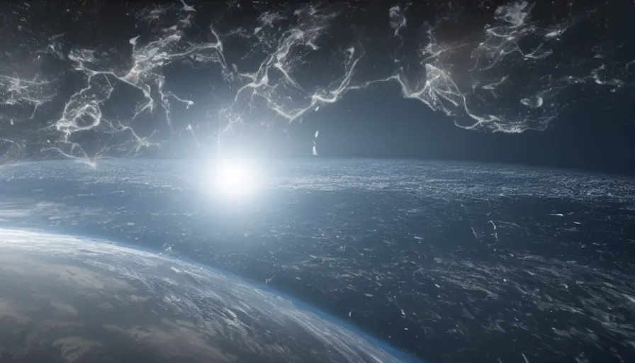 Image similar to seismic shockwave in atmosphere from space, photorealistic rendering, 4 k, dynamic lighting, directional light