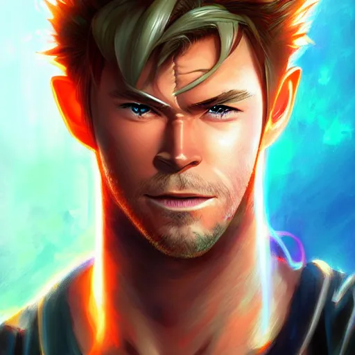 Image similar to anime portrait of Chris Hemsworth as an anime man by Stanley Artgerm Lau, WLOP, Rossdraws, James Jean, Andrei Riabovitchev, Marc Simonetti, and Sakimichan, trending on artstation