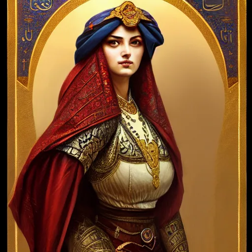 Image similar to ceren sungur portrait of ottoman sultan gog, female, clear face, symetrical, masculine, full body, 4 k, fantasy, intricate, elegant, highly detailed, digital painting, artstation, concept art, matte, sharp focus, illustration, art by artgerm and greg rutkowski and alphonse mucha