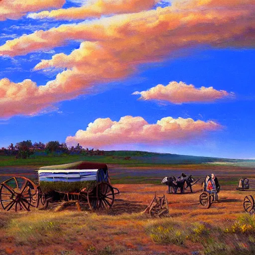 Image similar to a pioneer caravan of covered wagons, oil painting, great plains, american pioneers, oregon trail, fluffy clouds, wide view, epic, colors, ultra realistic
