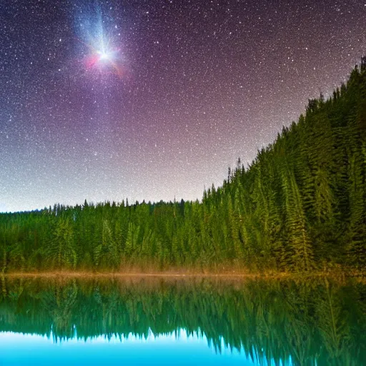 Prompt: abstract crystal sculpture of a nebula hovering above a clear blue lake in a clearing in the middle of an evergreen forest at dawn