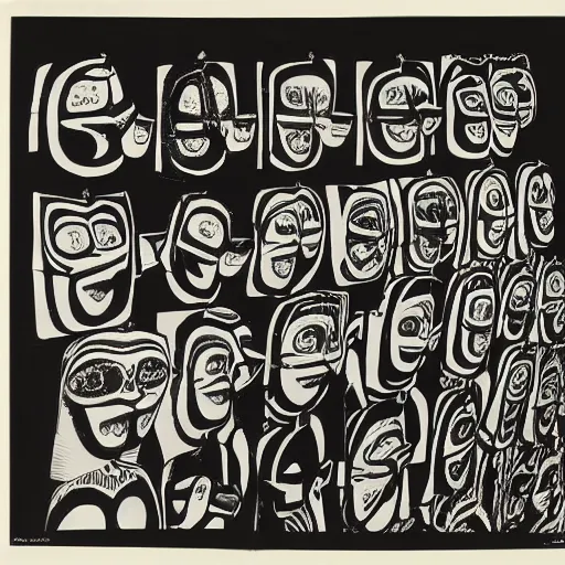 Prompt: A black and white screen print of gallery exhibition view from the 60s, anthropology, colonial, wild, exotic, masks, ethnography, screen printing
