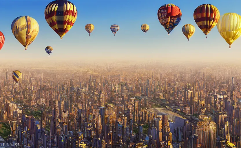 Image similar to hyperdetailed baloons made of liquid chrome floating over a cityscape at golden hour, by vladimir kush, by jeff koons, 8k resolution, realistic shadows, rendered in octane, hyperdetailed, meticulous, intricate