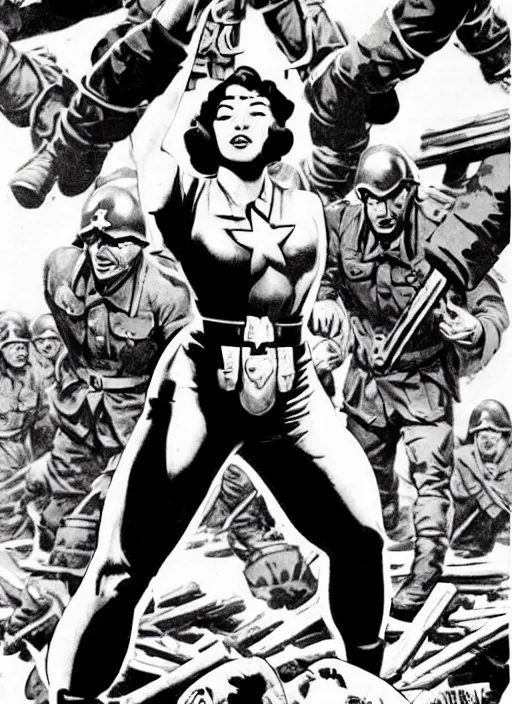 Prompt: beautiful female asian captain america standing on a pile of defeated, beaten and broken german soldiers. feminist captain america wins wwii. american wwii propaganda poster by james gurney. gorgeous face. overwatch