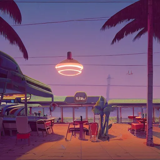 Prompt: inside diner at the beach and palm trees by simon stalenhag