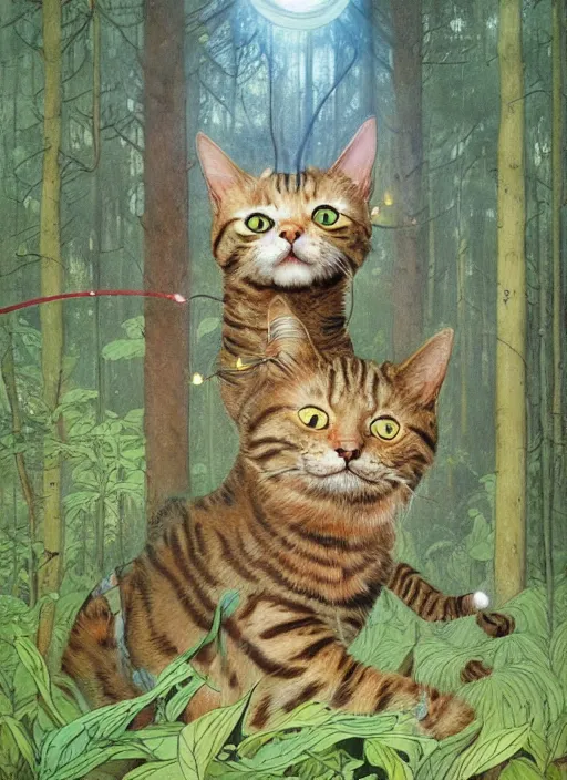 Image similar to a hyper realistic illustrated cat with happy lighting playing in the woods gorgeous lighting, sunbeams blue sky, lush forest foliage painting by chiara bautista and beksinski and norman rockwell and greg rutkowski weta studio, and lucasfilm