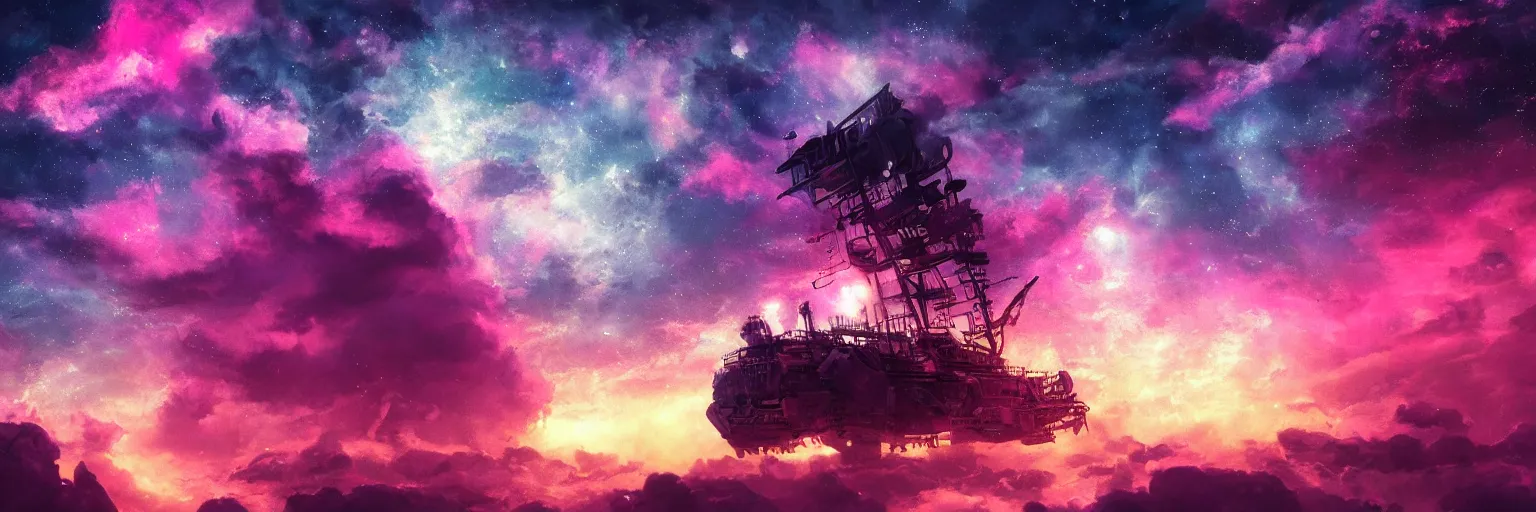 Prompt: space, hyperdetailed illustration, portrait big dark dog, mohawk, stars, pink, neon, oil painting, rich deep colors masterpiece, pirate neon ship, ultra detailed, contrast, heaven pink, clouds, volumetric light, atmospheric lighting, dramatic, cinematic, moody, octane render 4 k, 8 k