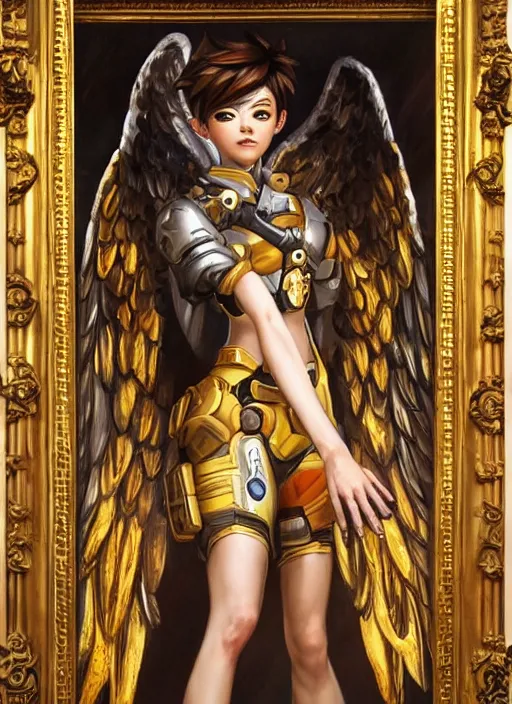 Image similar to full body oil painting of tracer overwatch in the style of sophie anderson, angel wings, angelic golden armor, dramatic painting, symmetrical composition, ornate, golden chains, high detail, gold detailed collar!!!!!, blooming, lights, flowers, detailed face,