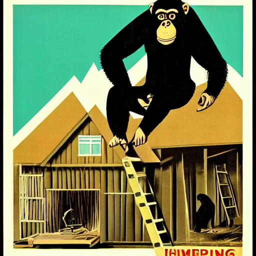 Image similar to A chimpanzee constructing a house, 1960s poster style