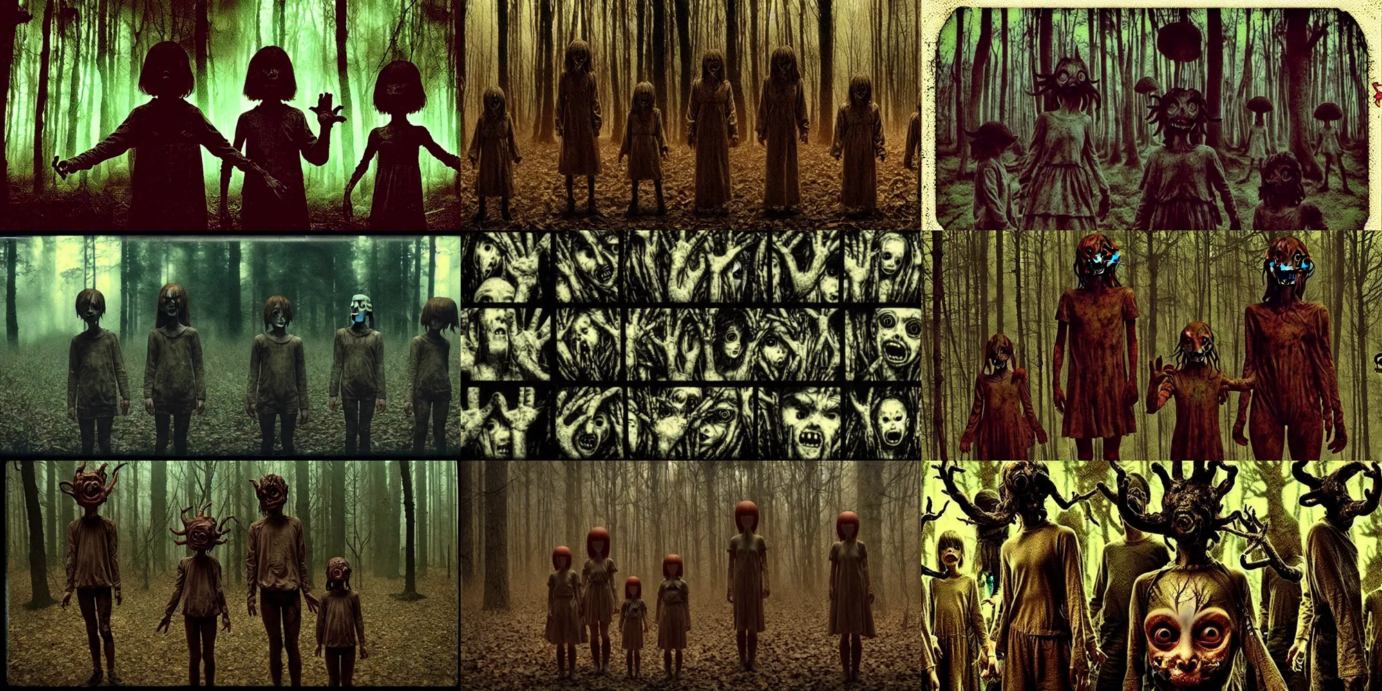 Prompt: terrifying cursed children made of mushrooms, disturbing expired polaroid photograph, haunted forest, pans labyrinth, hideo kojima, hiroya oku, junji ito, deep aesthetics, silent hill