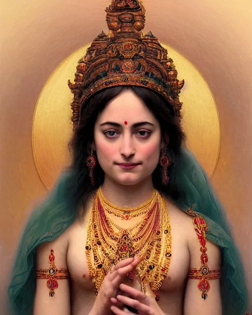 Image similar to Dakota Johnson as a beautiful Hindu Goddess, gorgeous, portrait, Symmetrical, powerful, intricate, beautiful, masterpiece, elegant, volumetric lighting, highly detailed, digital painting, hyper-realistic, artstation, sharp focus, no blur, illustration, William-Adolphe Bouguereau , ruan jia