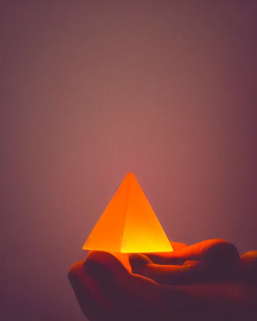 Image similar to a tiny glowing orange pyramid floating above an open hand facing up