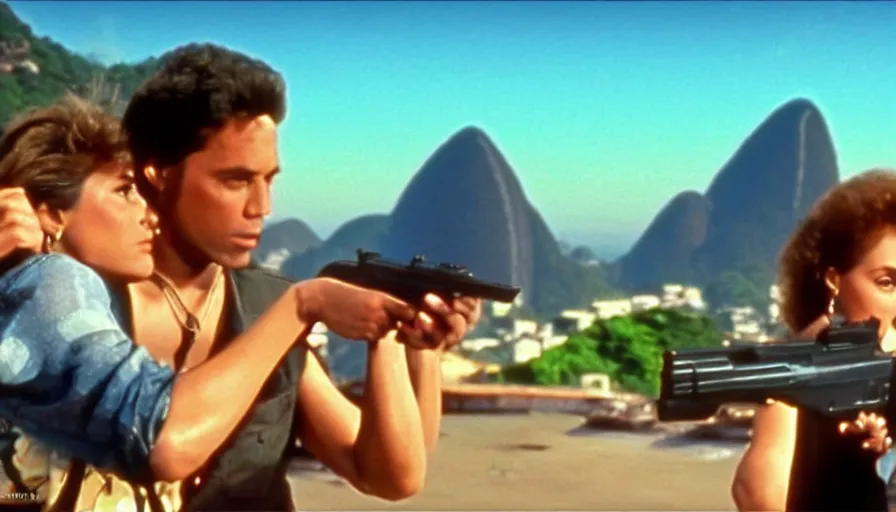 Image similar to 1 9 8 6 movie screencap of a couple with a gun on a rio de janeiro, gucci clothes, sparkes sky, beautiful favela background extremely utra high quality artwork 8 k