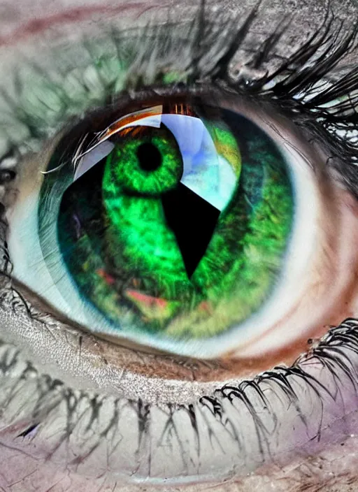 Image similar to macro human eyes!, black centered dot pupil, circle iris ring, happy smiling human eyes, round iris textures, eyelashes, tired half closed, advanced art, art styles mix, from wikipedia, wet eye relections, hd macro photograph, montage of grid shapes