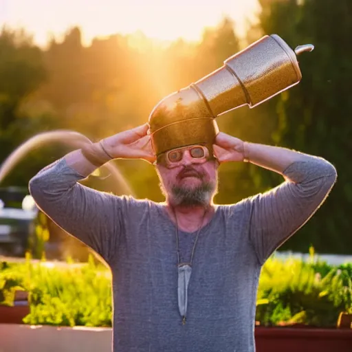 Image similar to a real life photo of Crazey Dave in Neighborville wearing a pot on his head and watering his plants at the golden hour