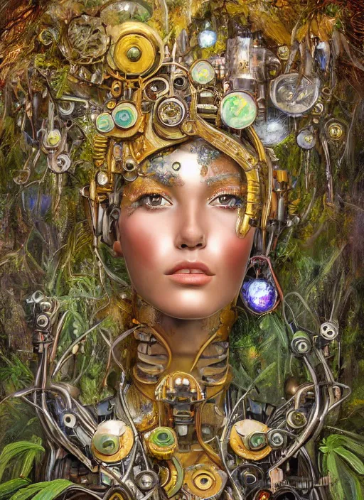 Prompt: oil painting of beautiful female robot covered by plants and crystals in the mystical forest, beautiful symmetrical face, chrome parts, opal crystals, renaissance style, golden steampunk, retro futurism, sci - fi, filigree jewellery, baroque, cinematic light, mystical shadows, 8 k