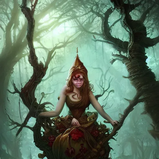 Image similar to the court jesters wife lost in the woods, pretty, beautiful, hyper realistic fantasy painting, deviantart artstation, by jason felix by steve argyle by tyler jacobson by peter mohrbacher, cinematic, magical