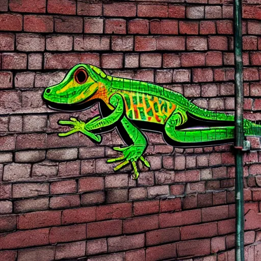 Image similar to a hyperrealistic graffiti on brick wall of a trippy lizzard, colorfu, 4 k