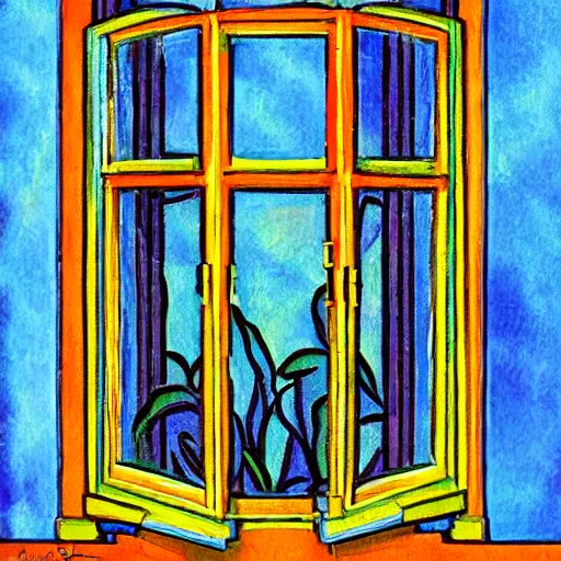 Image similar to a painting beautiful window open front view, fauvism, ornate, oil on canvas, art deco, digital illustration, colorful architectural drawing, watercolor painting, behance contest winner, vintage frame window, native art, trend in behance hd, 2 d illustration, detailed painting