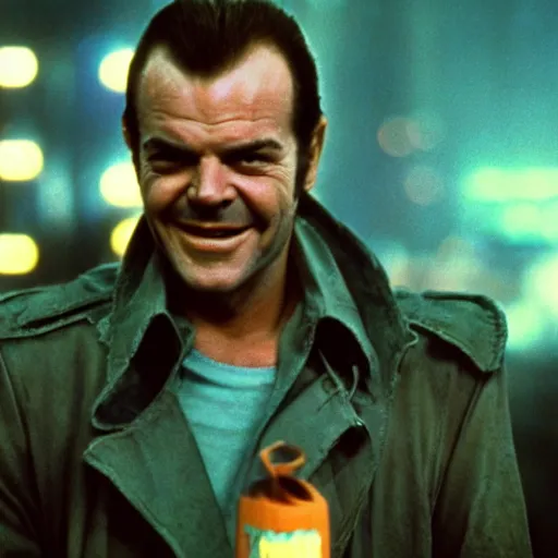 Image similar to very young Jack Nicholson as Rick Deckard on blade runner 1982, smiling, wide angle lens, 35mm, movie still, city lights on the background, in color, movie frame, detailed face, symmetrical face, 4k