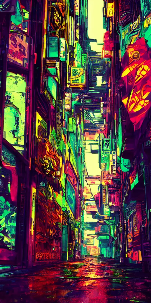 Image similar to cyberpunk alley, pop art, rtx, 8 k, ray tracing, highly detailed, cold colors, rain,