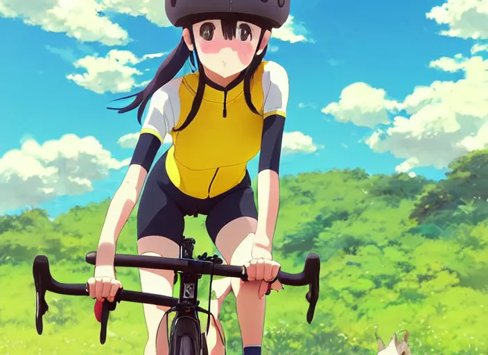 Prompt: portrait of cute girl riding road bike, sunny sky background, lush landscape, illustration concept art anime key visual trending pixiv fanbox by wlop and greg rutkowski and makoto shinkai and studio ghibli and kyoto animation, symmetrical facial features, sports clothing, yellow helmet, nike cycling suit, backlit, aerodynamic frame, riding pose, realistic anatomy